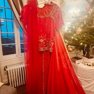 Elegant Vintage Niharika, Red with Gold Trim, Sequins and Beads
